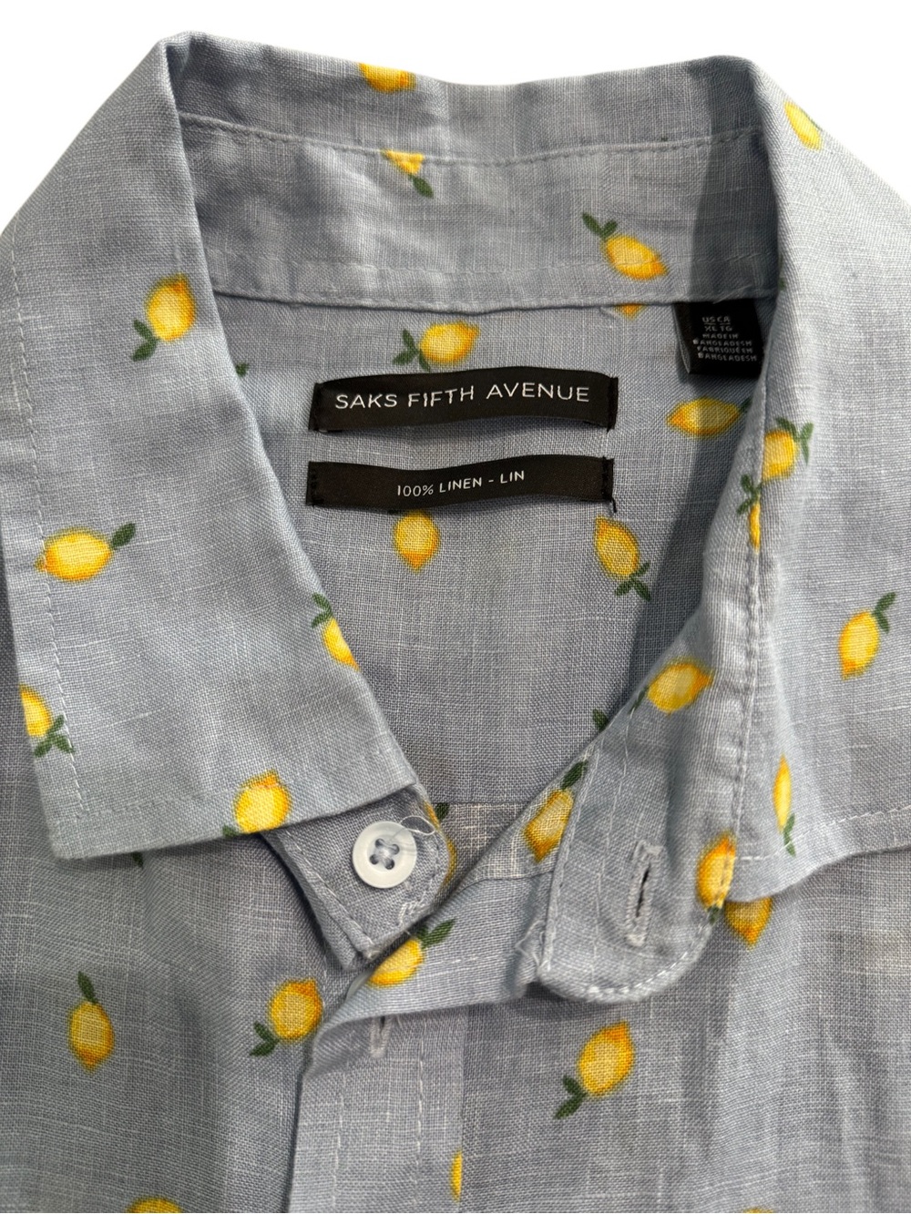 Saks Fifth Avenue Sky Blue Linen Shirt with Yellow Lemon Print
